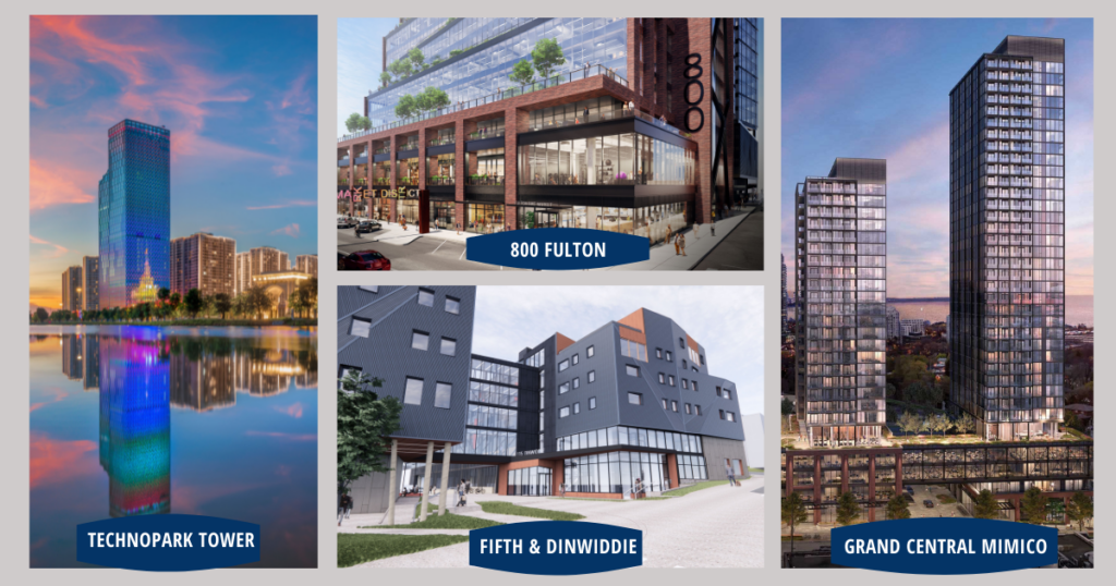 A grid of photos showing architectural renderings of Technopark Tower, 800 Fulton, Fifth & Dinwiddie, and Grand Central Mimico